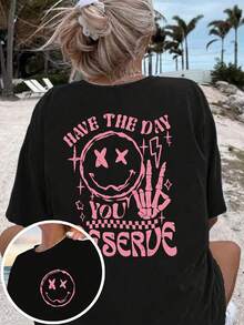 Women's 'Have A Day You Deserve' Graphic T-Shirt - Black, Breathable Short Sleeve Crew Neck Top With Happy Face And Letter Design, Casual Summer Wear - 黑色1 - 查看 3