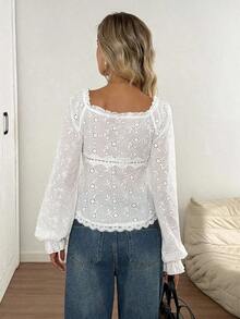 2026 Blusa de estilo casual y elegante para oficina con cuello cuadrado, volantes, mangas abullonadas, parches de encaje, cintura ceñida, corte evasé, bordados, textura de jacquard, para mujeres en otoño, color blanco - Negro - Ver 8