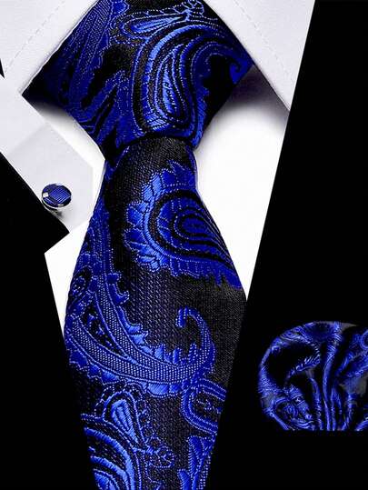 AlanKing 8cm Navy Blue Paisley Necktie, Pocket Square, Cufflinks 3-Piece Set, Suitable For Weddings, Banquets And Other Important Occasions, Also As A Gift For Men