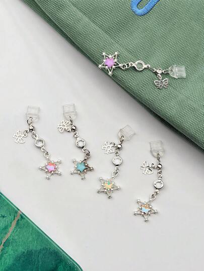 1 mặt dây chuyền hình ngôi sao năm cánh rỗng, nút chặn bụi cho điện thoại có tua rua và trang trí hình bướm, phụ kiện điện thoại