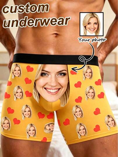 1 chiếc quần lót nam kiểu boxer in hình trái tim đỏ theo yêu cầu, màu đen, co giãn, thoáng khí, ngộ nghĩnh, cá nhân hóa, thích hợp làm quà tặng/kỷ niệm.