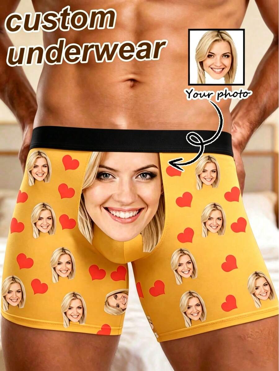 1 chiếc quần lót nam kiểu boxer in hình trái tim đỏ theo yêu cầu, màu đen, co giãn, thoáng khí, ngộ nghĩnh, cá nhân hóa, thích hợp làm quà tặng/kỷ niệm. - Nhiều màu - Xem 1