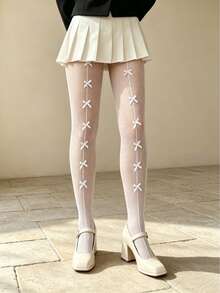 White Fishnet Tights With Bow Pattern - Cute Sheer Mesh Pantyhose For Women, Kawaii Japanese Style Legwear - Multicolor - View 4