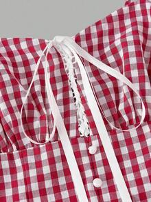 MOD Red & White Plaid Romantic Cute Countryside Style Midi Dress,Beach Dress,Vacation, Valentine's Day Dress,Floral Dress,Spring/Summe, Party , Holiday Outfits, Birthday,Festival,Wedding,Tea Party Dress Gingham Dress Cottagecore Dress Picnic Dress Red Gingham Dress, Red Checked Dress, Garden Party Dress - 紅白色 - 查看 7