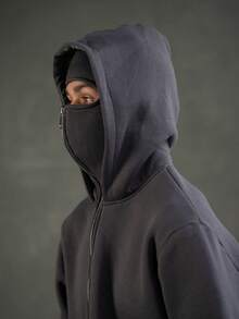 Balaklava, A Must-Have Item For Social Anxiety Sufferers. A Face-Covering Style, Loose Large-Sized And Long Double-Layered Hooded Zipper-Style Pullover Hoodie And Hooded Sweater. Suitable For Men's Autumn/Winter Clothing, Halloween Costumes, Christmas Costumes, Men's Outerwear, Fashionable Style, Men's Hooded Sweater. - 灰色 - 查看 5
