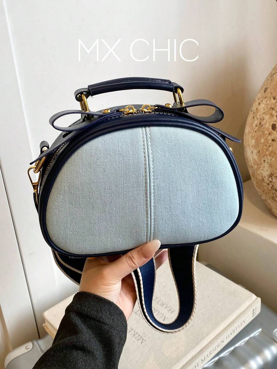 1pc Women's Colorblock Denim Satchel Bag, Fashionable Wide Strap Shoulder Bag Suitable For Commuting, Shopping, Gift - Multicolor - View 1