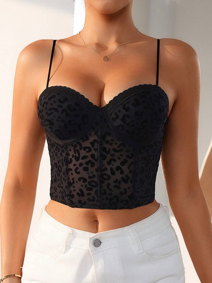 1 Peça Top de Sutiã Elástico Sem Costura Confortável e Fofo, Lingerie, Top Estampa de Onça - Preto - Visão 1