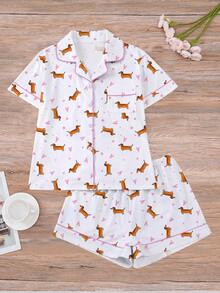 Set de 2 piezas de pijama para mujer con estampado de perro salchicha y corazón, regalo romántico para el Día de San Valentín, top de cárdigan de manga larga con cuello y pantalones de cintura elástica, ropa de dormir y de estar por casa casual para primavera/verano - Blanco - Ver 1