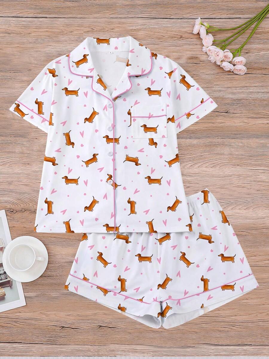 Set de 2 piezas de pijama para mujer con estampado de perro salchicha y corazón, regalo romántico para el Día de San Valentín, top de cárdigan de manga larga con cuello y pantalones de cintura elástica, ropa de dormir y de estar por casa casual para primavera/verano - Blanco - Ver 1