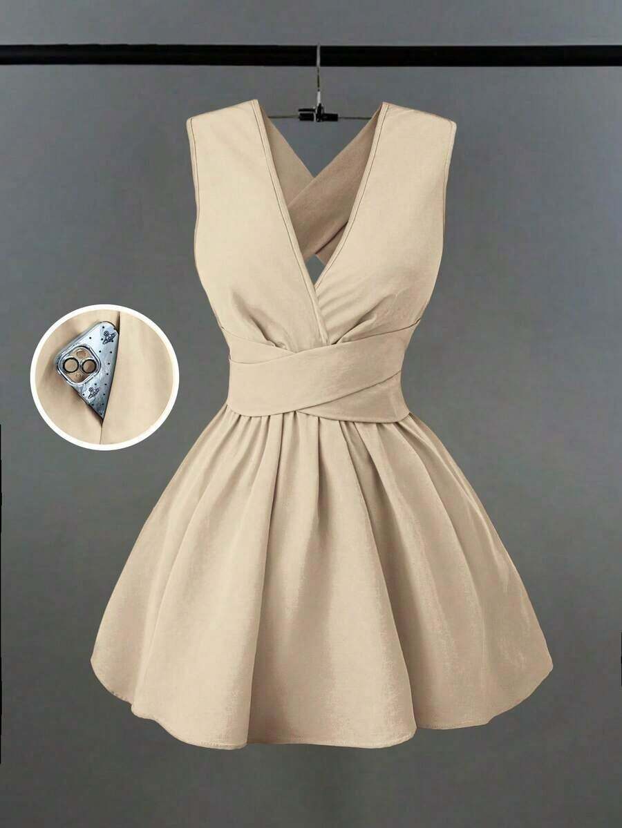 Vestido mini elegante y sexy para invitada de boda con cuello en V cruzado, sin mangas y silueta evasé, diseño versátil para conciertos, playa, fiestas, primavera/verano, con bolsillos, vestido de noche con espalda descubierta, color amarillo mantequilla - Albaricoque - Ver 1