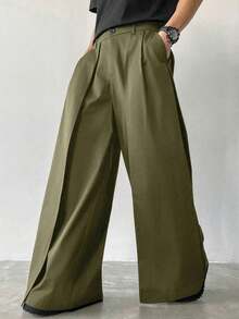Niche Design Multi-Panel 2 In 1 Men's Loose Japanese Style Oversized Wide Leg Pants, Boyfriend Gifts,Christmas Gifts, Fall - 軍綠色 - 查看 2