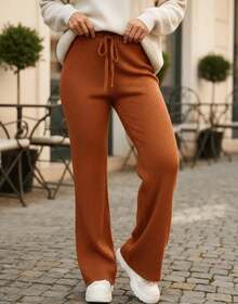 Women's Straight Cut Knitted Modal Pantaloon Trousers - Lạc đà - Xem 3