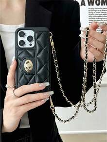 1 chiếc ốp lưng điện thoại đeo chéo sang trọng có khóa dây xích, chất liệu da chần bông họa tiết len cao cấp, bao đựng thẻ và tiền xu bằng da có dây xích, thích hợp cho nữ, tương thích với Apple/ Galaxy S24 Ultra, 17 Pro Max/16 Pro Max/12 Pro/13/14 Plus/15 Pro Max - màu đen - Xem 3