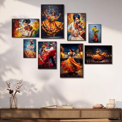 1/8 piezas Arte popular mexicano Lienzo Mural de arte de pared, Enmarcado + Suministros de decoración de habitación Enmarcado Bailarina de flamenco y violín Pintura al óleo Galería, Vibrantes carteles de lienzo latinoamericanos para decoración de paredes del hogar, decoración de baño, decoración de cocina, decoración de sala de estar, decoración de dormitorio, decoración de oficina, decoración de dormitorio universitario