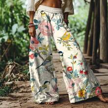 Women's Boho Floral Wide Leg Pants, Elegant Extra Long Woven Fabric Trousers With Bird And Flower Print, Casual Loose Fit For Fall - 薄荷藍 - 查看 2