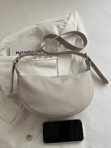 Women's Leather Dumpling Bag, PU Leather Saddle Shoulder Bag, Solid Color, Daily Commute Bag With Adjustable Strap - White - View 3