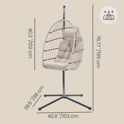 Hanging Chair With Frame, Hanging Swing Outdoor, Basket Chair, Foldable And Removable, Hanging Chair Height Adjustable, Side Pocket, Cushion, Living Room, Garden, Balcony