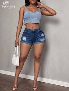 女式性感弹力磨边破洞牛仔短裤 - 深色水洗藍 - 查看 4