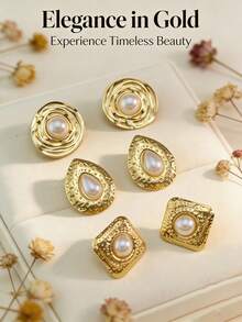 1/3pcs 18K Gold Plated Stainless Steel Vintage Pearl Earrings, Gold Baroque Style Pearl Earrings, Fashionable Geometric Oval Earrings, Anti-Oxidation & Hypoallergenic, Unique Asymmetrical Design, Suitable For Mother's Day, Valentine's Day, Party, Daily, Beach, Bridesmaid, Birthday & Holiday Jewelry Gift - Multicolor - View 8
