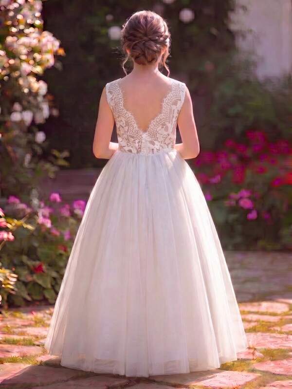 Tween Girl White Lace Contrast Mesh Sleeveless A-Line Dress, Flowergirl Wedding Party Evening Gown