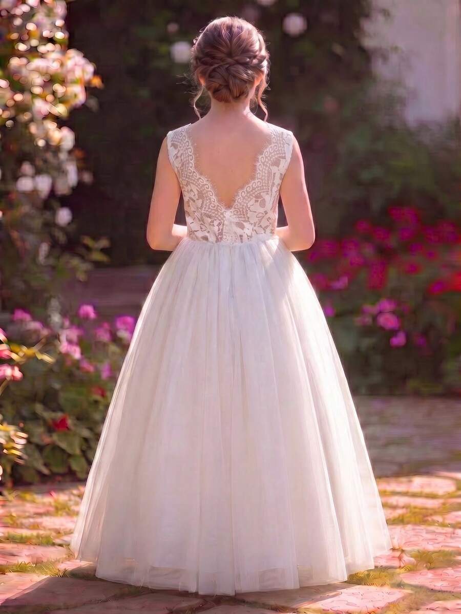 Tween Girl White Lace Contrast Mesh Sleeveless A-Line Dress, Flowergirl Wedding Party Evening Gown - White - View 1