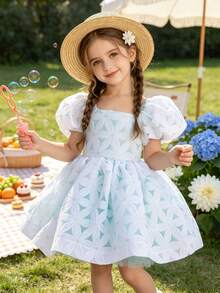 Robe courte élégante à motif floral et manches à volants pour jeune fille. Robe de princesse pour anniversaire, bal, soirée de gala, vacances en plein air, mariage, printemps/été - Bleu ciel - Voir 8