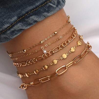 5pcs/Set Fashionable Minimalist Relaxed Vibe Gold Chain Anklets, Multi-Layer Stacking Anklet Jewelry Suitable For Sneakers, Casual Shoes, Sports, Daily Wear And Photo Shoots For Women. Note: Handmade Chain Length Is Customized, Quantity Of Beads Is Random.