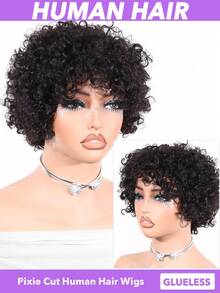 Peluca de cabello humano con corte pixie para mujeres, rizada y rizada a máquina, densidad del 180% de cabello humano brasileño Remy, peluca con ondas rizadas sin pegamento, con gorro de red de rosa, aspecto natural, adecuada para todos los tonos beige claros, fácil de peinar, versátil para atuendos casuales, peluca, adecuada para cuero cabelludo sensible - Natural Black - Ver 4