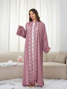 1 Set Hijab + Open Abaya Islamic Modest Long Dress, Turkish Dubai Abaya Robe With Headscarf, Suitable For Muslim Women's Daily Wear - Multicolor - View 4