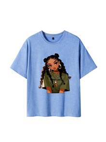 Áo thun phong cách "Bad Girl" dành cho tuổi teen, dáng regular fit, họa tiết retro năm 2026, tay ngắn thoải mái theo phong cách vintage đã qua xử lý, cổ tròn độc đáo, phong cách đường phố năng động, thích hợp mặc thường ngày mùa hè. - Màu xanh nhạt - Xem 3