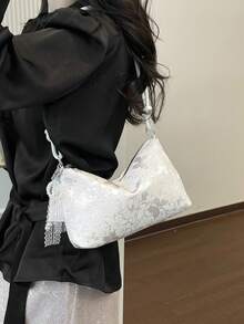 1个珍珠蝴蝶结包饰，新款蝴蝶图案新月形女士单肩包 - 米色 - 查看 6