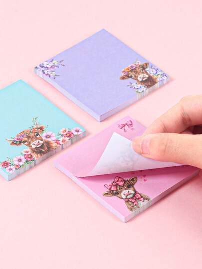 3 piezas Notas adhesivas de vaca de las tierras altas, pegatinas de conveniencia coloridas, blocs de notas con estampado de vaca linda con borde floral, suministros para fiesta de vaca de las tierras altas, decoración para fiesta con tema de vaquera, regalo de cumpleaños, decoración para baby shower, perfecto para volver a la escuela, útiles escolares y decoración de escritorio de oficina, recuerdos de fiesta, regalos para niñas