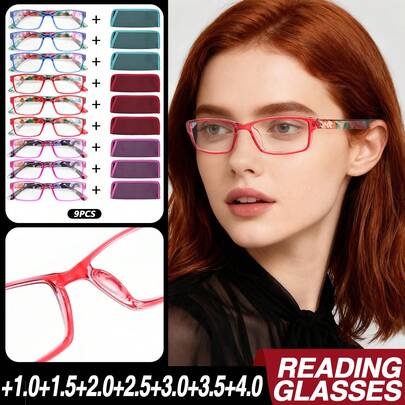 9 piezas Gafas de lectura rectangulares de moda con marco pequeño, marcos de unicolor minimalistas, patillas impresas, incluye estuche de almacenamiento de gafas de alta calidad