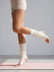 1/3双装女士多功能腿套，适合日常瑜伽、普拉提、舞蹈、甜美学院风，白色露趾针织保暖腿套 - 白色 - 查看 3
