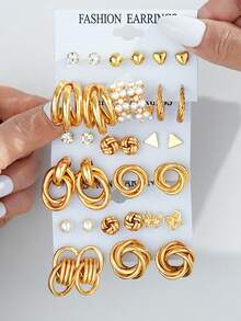 22/32件套时尚简约优雅仿珍珠蝴蝶几何金色耳环套装，百搭礼物，适合送给女友、妻子、妈妈、朋友，节日、生日、日常佩戴 - 金黃色 - 查看 9