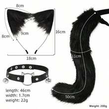 Faux Fur Cat Ears Hair Clip Furry Wolf Fox Tail Halloween Bell Leather Neck Chocker Cosplay Set - Black - View 6