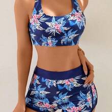 Swim Lushoire Women's Spring Break Beach Vacation 3-Piece Set: Floral Print Bikini & Crop Top - Verde militar - Ver 6