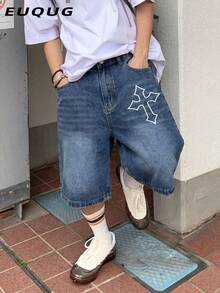 Quần short denim nam dáng rộng, in họa tiết chéo, có túi, kiểu dáng thường ngày. - Màu xanh lam - Xem 4
