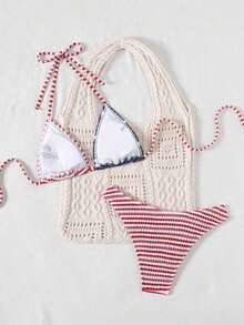Swim Mod 2pcs/Set Women's Beach Summer Vacation USA Flag Print Halter Backless Top And Side Strap Swim Bottom 4th Of July Bikini Set - Nhiều màu 2 - Xem 3