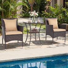 Set Of 3 Patio Wicker Bistro Set 2 Rattan Chairs W/Double-Tier Tempered Glass Table - 米色 - 查看 8