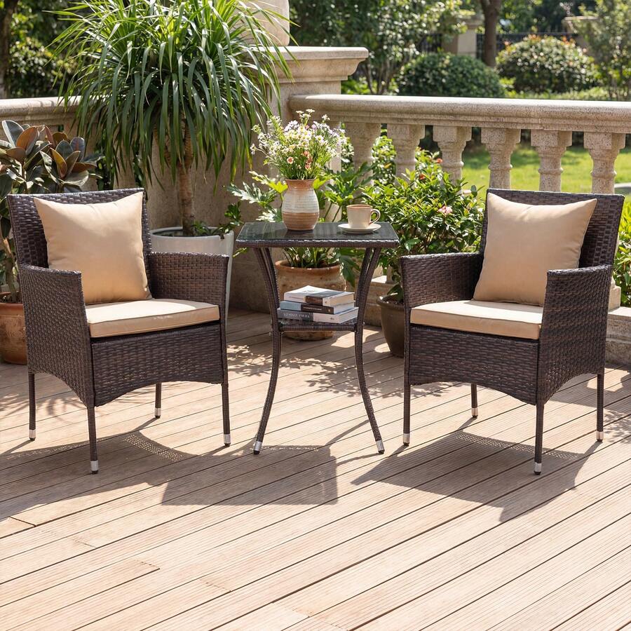 Set Of 3 Patio Wicker Bistro Set 2 Rattan Chairs W/Double-Tier Tempered Glass Table - 米色 - 查看 1