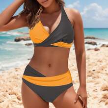 Sexy Bikini For Women, Two-Piece Swimsuit With Striped Color Blocking - Black and White Stripes - View 2