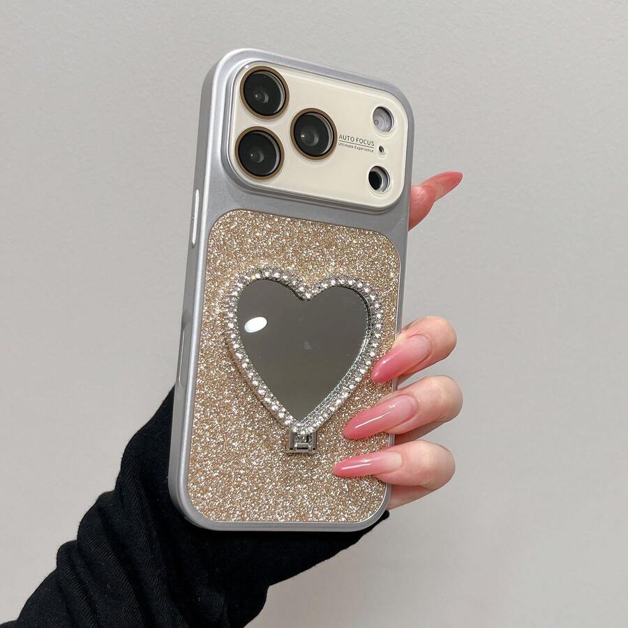 【人気の新製品】韓国 かわいい iPhone17ケース ハートミラー スタンド機能 ラインストーン グリッター スマホケース マカロンカラー 大視窗 iPhone17ProMax/17Pro/17/16ProMax/16Pro/16/15/15ProMax/15Pro/14/14Pro/14ProMax/13/13Pro/13ProMax対応、女性向け、高級デザイン 、耐衝撃、落下防止、傷防止。 - ゴールドとオフホワイトのカラーブロックデザインの窓 - チェックする 1