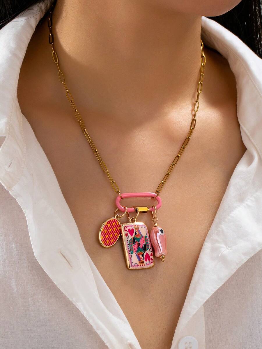 1 Pc 18K Gold Plated Paperclip Chain Necklace With Queen Of Hearts Enamel Charms, Pink Ceramic Fish Lemon Charm Necklaces, Carabiner Clasp Necklace With Removable Pendants, Summer Vacation Boho Jewelry For Women - Playing Card Pendant Necklace - View 1