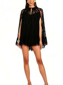Women Lace Cape Dresses Loose See Through Crew Neck Mini Ruffled Dress For Party Club - Black - View 4