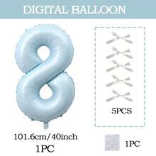 7pcs Blue Number Balloon Set, Bow Tie DIY Decor, Blue Number (0-9) Foil Balloons, Includes Glue, Suitable For Birthday Party, Room Decor, Anniversary, Photo Props, Princess Party Decoration - Baby Blue + Bow - View 12