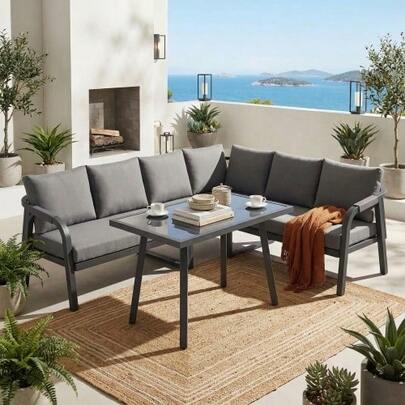 Garden Dining Set, Garden Furniture Set, Seats Up To 6 People, Woven Armrests And Backrests, Galvanized Steel Tubes, Includes Corner Sofa And Dining Table, Color: Grey