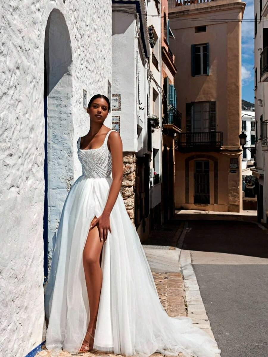 Beaded Bodice With Side Slit A-Line White Wedding Dress And Sheer Back – Luxe Floor-Length Bridal Gown With Elegant Silhouette And Flowing Train, Perfect For Weddings, Christmas, Halloween, Balls, Birthday Celebrations, And Special Events. Suitable For Ceremonies, Parties, Vacations, Formal Gatherings, Evening Galas, Prom Dresses, Homecoming Dresses, Cocktail Events, Bridal Party Attire, Wedding Guest Outfits, And Graduation Occasions. - trắng - Xem 1