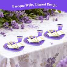 350PCS Purple Gold Plastic Plates For Party Dinnerware Sets For 50 Guests, Vintage Disposable Plastic Party Plates Cups Spoons Forks Knives Napkins For Wedding Birthday Christmas BBQ Parties - Màu tím - Xem 6