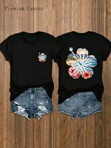 1pc Women'S T-Shirt |   Beach Vacation Style 100% Soft Breathable, Floral Printed Boho Style, Crew Neck Casual Short Sleeve, Hibiscus Flower Graphic On Front & Back, Tropical Beachy Vibe For Summer Outfits - Summer Outfits For Women - 黑色 - 查看 1